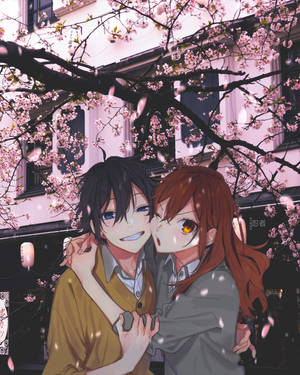 Horimiya Lovers With Cherry Blossoms Wallpaper