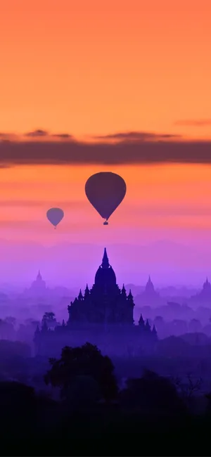 Hot Air Balloon In Purple Sky In Bagan, Near Mandalay Wallpaper