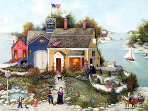 House Near Sea Paint Art Wallpaper