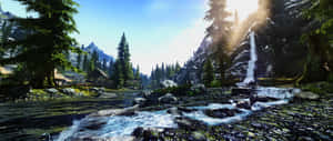 Houses In River Skyrim Landscape Wallpaper