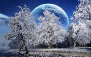 Huge Moon Over Winter Scenery Desktop Wallpaper