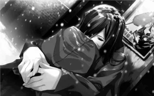Hunched Female Anime In Snow Depression Wallpaper