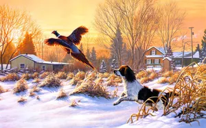 Hunting In Nature - Dog Chases After Wild Bird Wallpaper