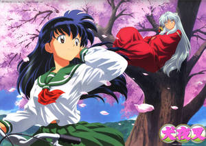 Inuyasha And Kagome Pink Trees Wallpaper