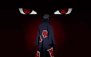 Itachi Aesthetic Wearing Akatsuki Robe Facing Large Sharingan Eyes Wallpaper