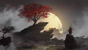 Japanese Warrior Seppuku Red Tree Artwork Wallpaper