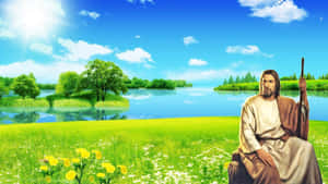 Jesus In Heaven Sitting Against Green Landscape Wallpaper