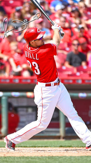 Joey Votto In The Heat Of A Powerful Swing Wallpaper