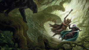 Join The Surreal Battle In The Dungeons & Dragons Enchanted Forest Wallpaper