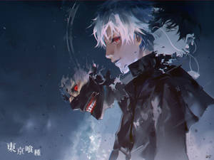 Kaneki Ken Displays A Haunting Face In Front Of A Blue Background. Wallpaper
