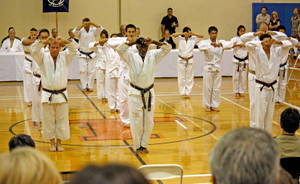Karate Students In Class At Basketball Court Wallpaper