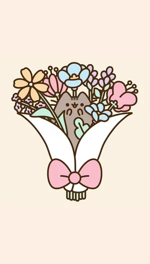 Kawaii Pusheen Cat In Bouquet Wallpaper