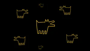 Keith Haring Inspired Yellow Dogson Black Wallpaper