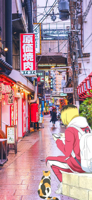 Kenma Kozume Exploring A Vibrant Market Alley Wallpaper