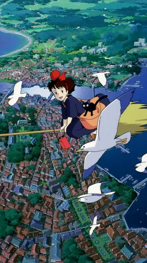 Kiki On Her Broom, Soaring High In The Sky With Jiji Wallpaper