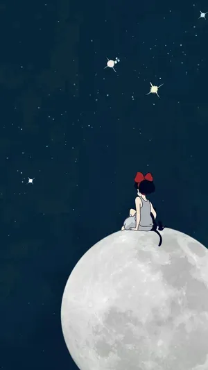 Kiki, The Young Witch Flying Over The Town With Her Black Cat, Jiji - From The Classic Animation