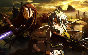 Kirito And Sinon Enjoying A Beautiful Desert Sunrise Wallpaper