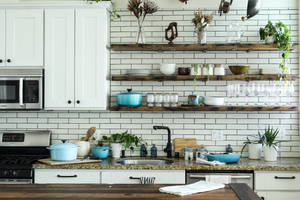 Kitchen With White Brick Wall Wallpaper