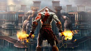 Kratos Battles The Minotaur At The Temple Of Lahkesis Wallpaper
