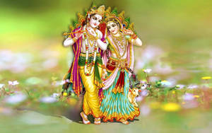 Krishna Desktop With Radha Walking Through Nature Wallpaper