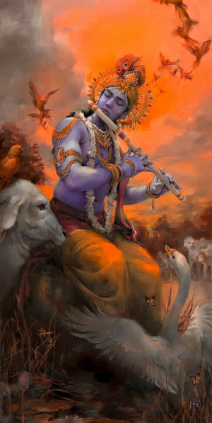 Krishna Iphone Playing For Animals Wallpaper