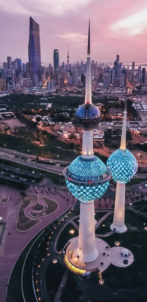 Kuwait Towers Blue Colored Lights Wallpaper