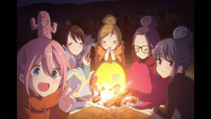 Laid Back Camp Characters Bonfire Photo Wallpaper