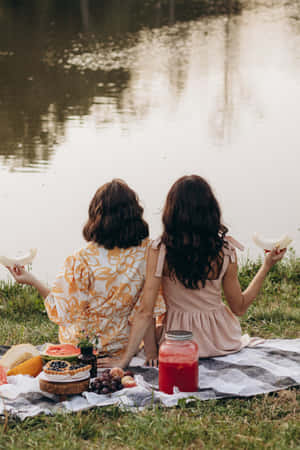 Lakeside Picnic Friends Enjoying Wallpaper