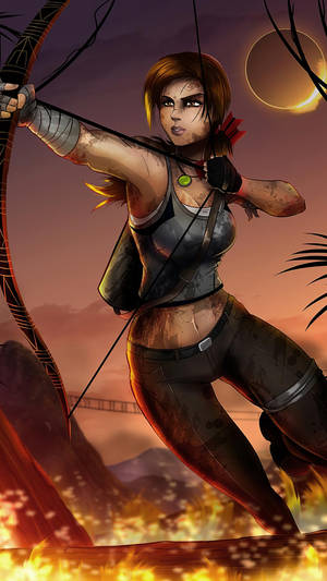 Lara Croft Iphone On Fiery Path Wallpaper