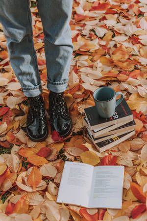 Leather Boots Fall Leaves Wallpaper