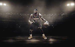 Lebron James Dribbles A Basketball During An Nba Match Wallpaper