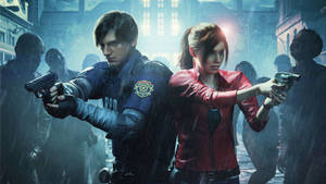 Leon And Claire Face Off Against A Swarm Of Zombies In Resident Evil 2 Remake Wallpaper
