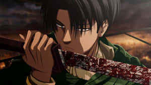 Levi Ackerman In Combat Mode With His Bloody Sword. Wallpaper
