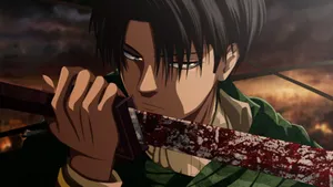 Levi Ackerman In Combat Mode With His Bloody Sword. Wallpaper