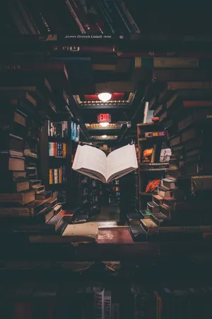 Library Shelf With Open Book Wallpaper