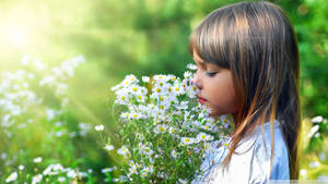 Little Girl Child Holding Flowers Bouquet Wallpaper