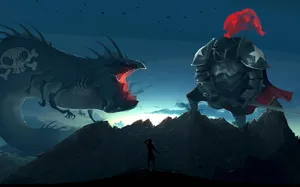 Lo Fi Anime Fighting Soldier And Dragon Wallpaper