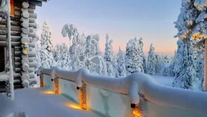 Log Cabin Covered In Snow 4k Wallpaper
