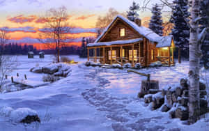 Log Cabin Painting Wallpaper