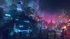 Looking Up Into The Vast, Futuristic Cyberpunk Cityscape, The Urban Night Sky Is Illuminated By The Chaos And Energy Of This Technological Paradise. Wallpaper