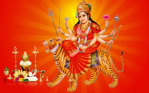 Maa Sherawali Deity Orange Rays Effect Wallpaper