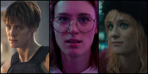 Mackenzie Davis Three Character Collage Wallpaper