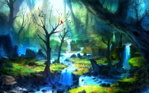 Magical Forest With Glowing Waterfalls Wallpaper