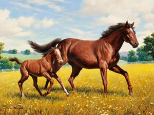 Majestic Painting Of A Mother Horse And Her Young Foal By The River Wallpaper