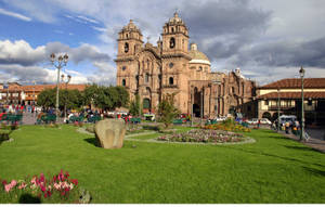 Majestic View Of Cusco Main Square Cathedral In Cusco, Peru Wallpaper