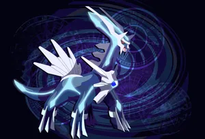 Majestic White-blue Dialga On A Black Background Wallpaper