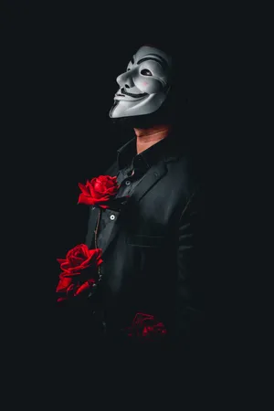 Man Hacker Mask Dark Red Flowers Wallpaper