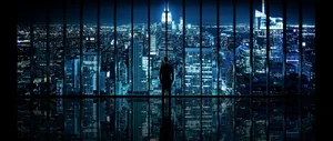 Man Overlooking Night Cityscape Super Ultra Wide Wallpaper