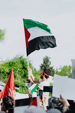 Man Raising Flag Of Tunisia Wallpaper