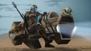 Mandalorianand Grogu Speeder Ride Wallpaper